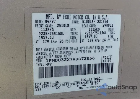 1997 Ford Explorer Eddie Bauer/Limited/Xl/Xlt z USA, uszkodzony, nr VIN 1FMDU32X7VUC72056